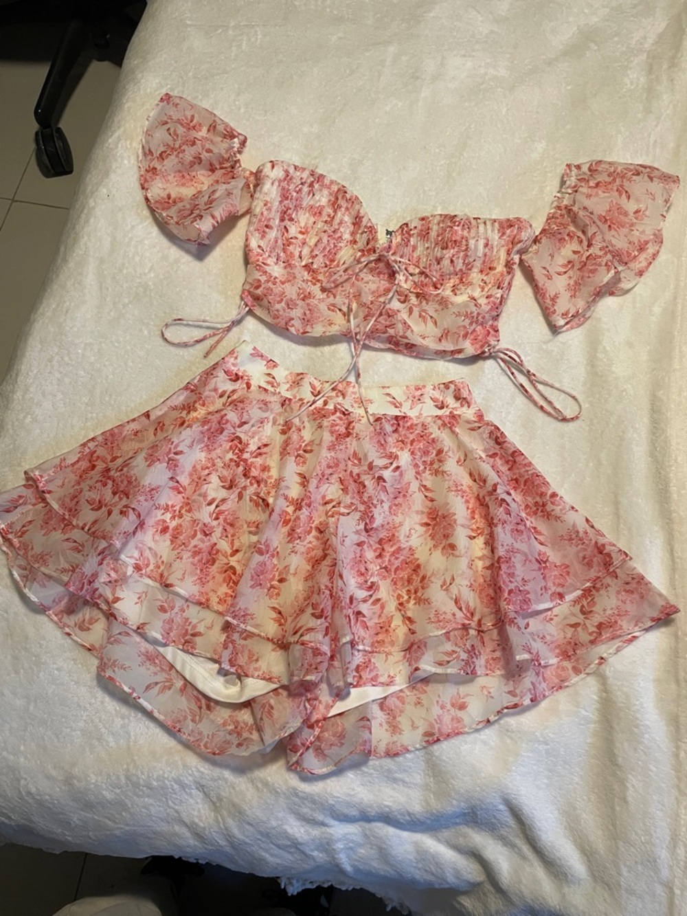 Two-Piece Pink Floral Crop Top & Shorts Set